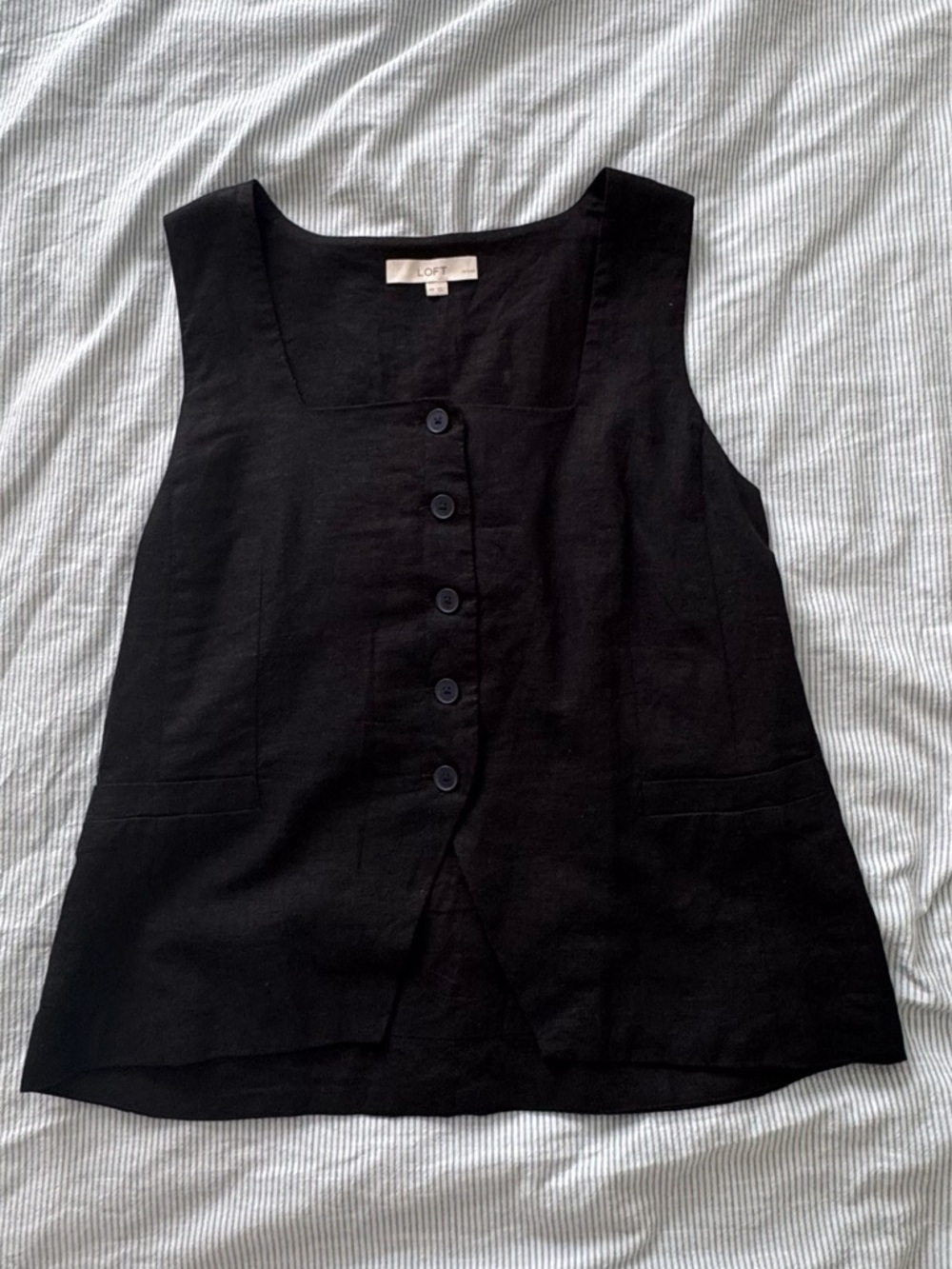 LOFT Black Linen Button Front Sleeveless Top